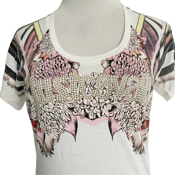 Just Cavalli Size Small  Top Blouse Short Sleeve Abstract Embellished - Picture 3 of 8